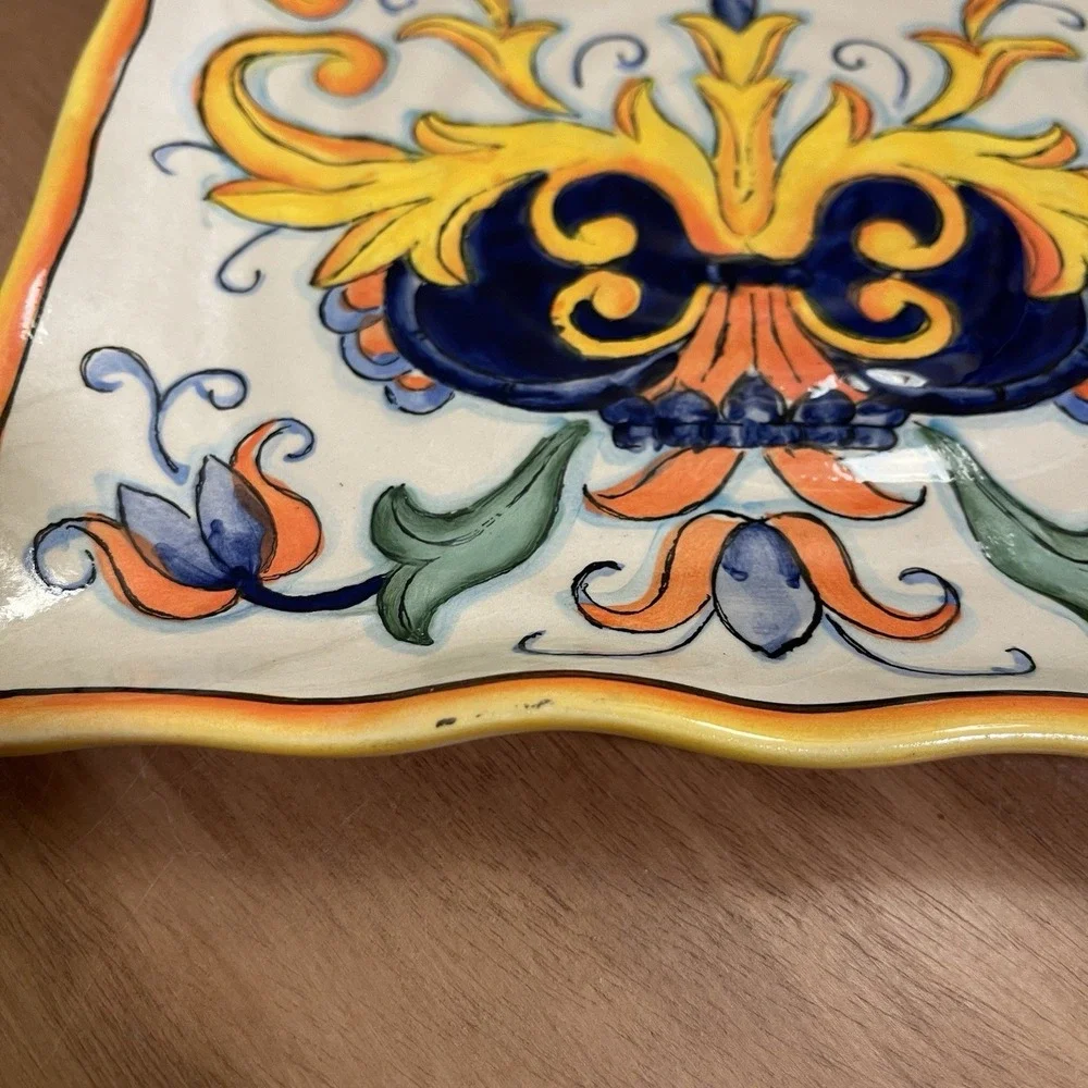 Vintage Handpainted Floral Alhambra Plate Platter Vibrant Yellow Blue 9x9 Inch